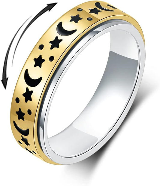 OreilleStar Anxiety Ring for Women Fidget Ring Spinner Thumb Ring Stainless Steel Gold Band Moon Star Fidget Rings for Women and Men
