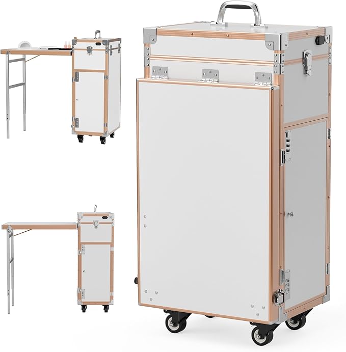 Icoget Portable Rolling Manicure Table for Nail Teach, Foldable Traveling Nail Desk w/Storage, Mobile Nail Table w/Audio and Mirror, Makeup Train Case Cosmetic Trolley, White