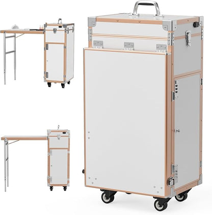 Icoget Portable Rolling Manicure Table for Nail Teach, Foldable Traveling Nail Desk w/Storage, Mobile Nail Table w/Audio and Mirror, Makeup Train Case Cosmetic Trolley, White