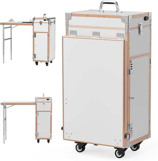 Icoget Portable Rolling Manicure Table for Nail Teach, Foldable Traveling Nail Desk w/Storage, Mobile Nail Table w/Audio and Mirror, Makeup Train Case Cosmetic Trolley, White