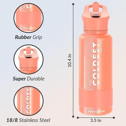 Coldest Insulated Water Bottle with Straw Lid - Stainless Steel Metal Insulated Bottle for Men & Women (Pink Froze Glitter, 32 oz)