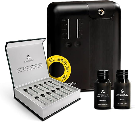 AromaPlan 2025 Waterless, Cold Air HVAC Scent Diffuser Whole House & Commercial Diffuser (Includes 2 Fragrances + 12 Set Sample kit) - Smart Scent Diffuser- Touch & App, 2000 Sq. Ft Cov. (Black)