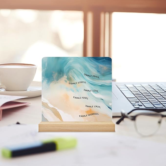 Mental Health Art Desk Decor, Watercolor Motivational Therapy Desk Signs Inhale Exhale Acrylic Desk Plaque Sign Counseling Office Classroom Home Decoration 4 x 4 Inches
