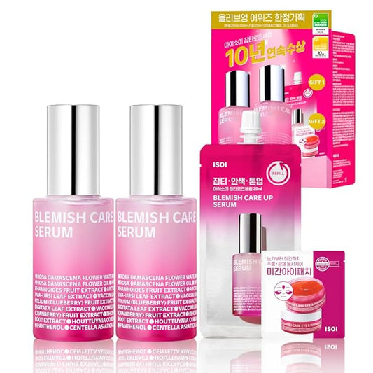 ISOI Blemish Care Up Facial Serum Triple Set, Korean Skin Care Set for Glass Skin Radiance, 2 Full Size & 1 Refill, Eye & Wrinkle Patch Tester, Daily Hydration Skincare Gift for Women (2.13 fl. oz)