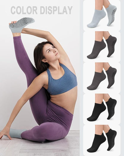 5 Pairs Pilates Grip Socks Yoga Socks with Grips for Women, Non-Slip Athletic Socks for Ballet, Dance, Workout, Hospital