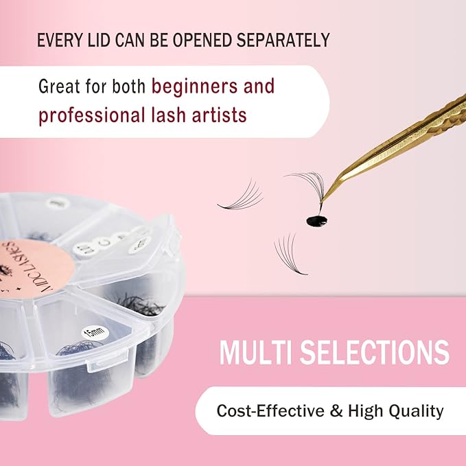 Promade Eyelash Fans Mix Length 1000 Fans Volume Lash Extensions 8D-16D, C/D Curl, 9-16mm Length, 0.05-0.07 Short Stem PBT Synthetic Vegan False Eyelash