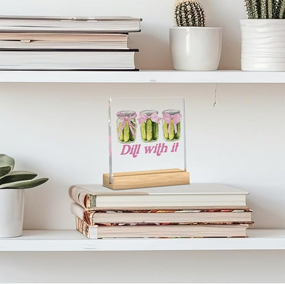 Mental Health Decor, Motivational Gifts for Women Men, Girl Who Loves Pickles, Pink Coquette Bows Inspirational Acrylic sign with Wooden office Accessories Bedroom Dorm Apartment Decoration