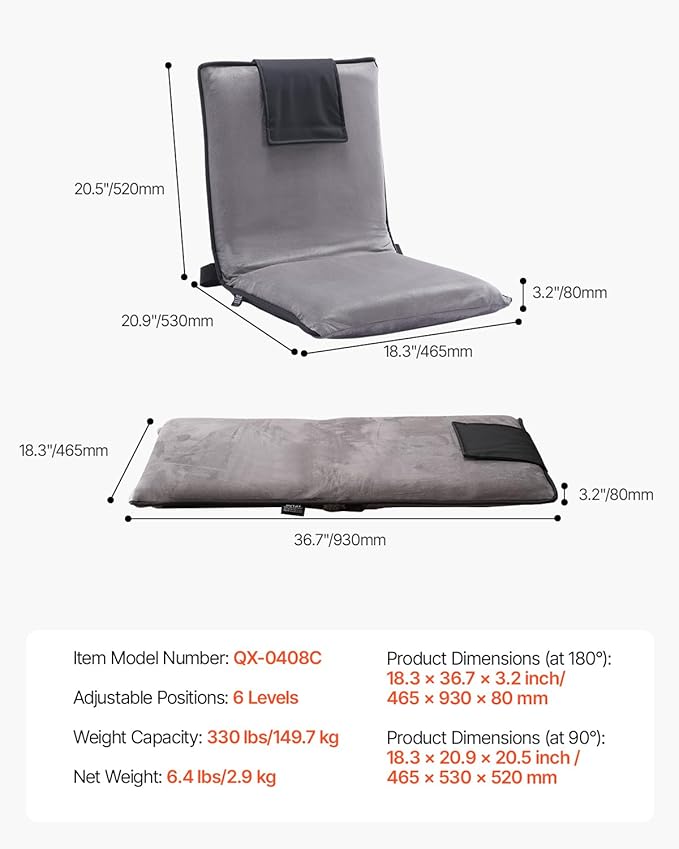 VEVOR Floor Chair, 6-Position Adjustable Meditation Chair with Back Support, Folding Sofa Chair for Reading TV Watching and Gaming, Portable Floor Seat Lounge Sofa Chair for Kids Teens Adults, Gray