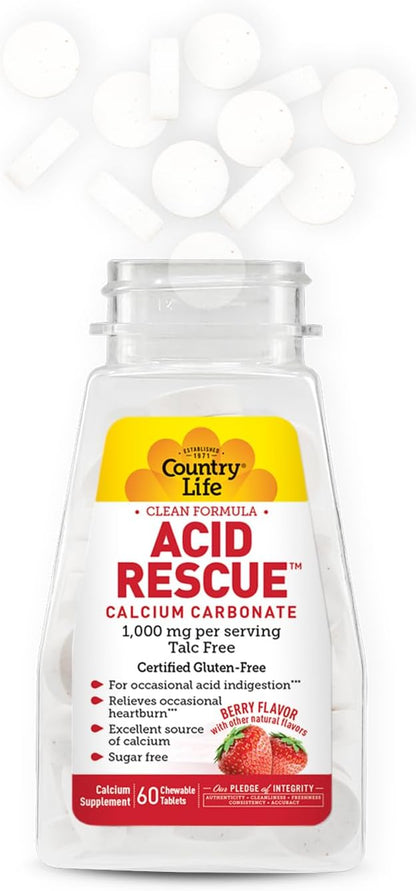 Country Life Acid Rescue Chewable Tablets - Certified Vegan & Gluten-Free Heartburn Relief, 400mg Calcium & Magnesium, Non-GMO, Sugar-Free Berry Flavor, Supports Bone Health, 60 Count