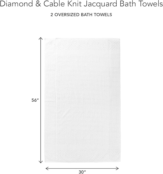 Texere 100% Organic Cotton Diamond Jacquard 700 GSM Luxury Bath Towel Sets - Ultra Soft and Absorbent Hotel and Spa Quality (Diamond, Bright White, 2 Bath Towels)