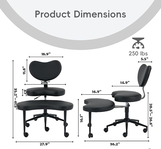 Meditation Chair with Wheels, Ergonomic Criss Cross Chair, Adjustable ADHD Floor Sitting Chair, Swivel Cross Legged Office Chair with High Back, Kneeling Posture Chair, Pu Leathe,Black