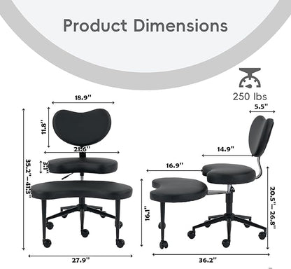 Meditation Chair with Wheels, Ergonomic Criss Cross Chair, Adjustable ADHD Floor Sitting Chair, Swivel Cross Legged Office Chair with High Back, Kneeling Posture Chair, Pu Leathe,Black