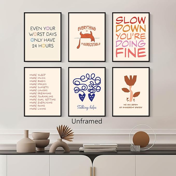 6pcs Mental Health Canvas Wall Art, Everything Is Figureoutable Mindfulness Poster, We All Grow At Different Rates Positive Print, More Sleep More Music Self Care Wall Decor 12x16in Framed