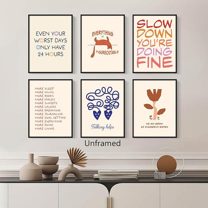 6pcs Mental Health Canvas Wall Art, Everything Is Figureoutable Mindfulness Poster, We All Grow At Different Rates Positive Print, More Sleep More Music Self Care Wall Decor 12x16in Framed