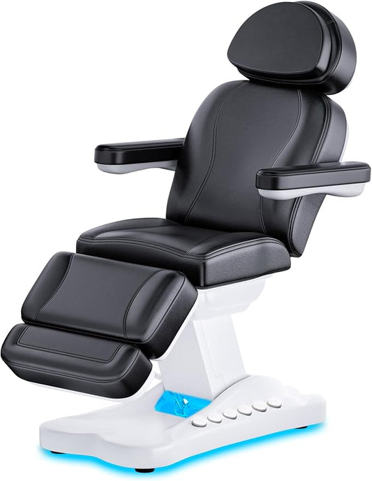 Full Electrical Aesthetic Chair with Lights for Clients, 3-Motors 200W Adjustable Tattoo Facial Beauty Bed with Remote Control, Capacity 550LBS for Podiatry Office Aesthetician Services (Black)