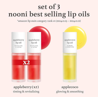 NOONI Korean Lip Oil Gift Set - Appleseed Lip Oil Trio, Tinted Lip Care, Hydrating, Lip Plumping, Long Lasting Moisture, Korean Vegan Makeup for Women, 0.12 Fl Oz x 3ea