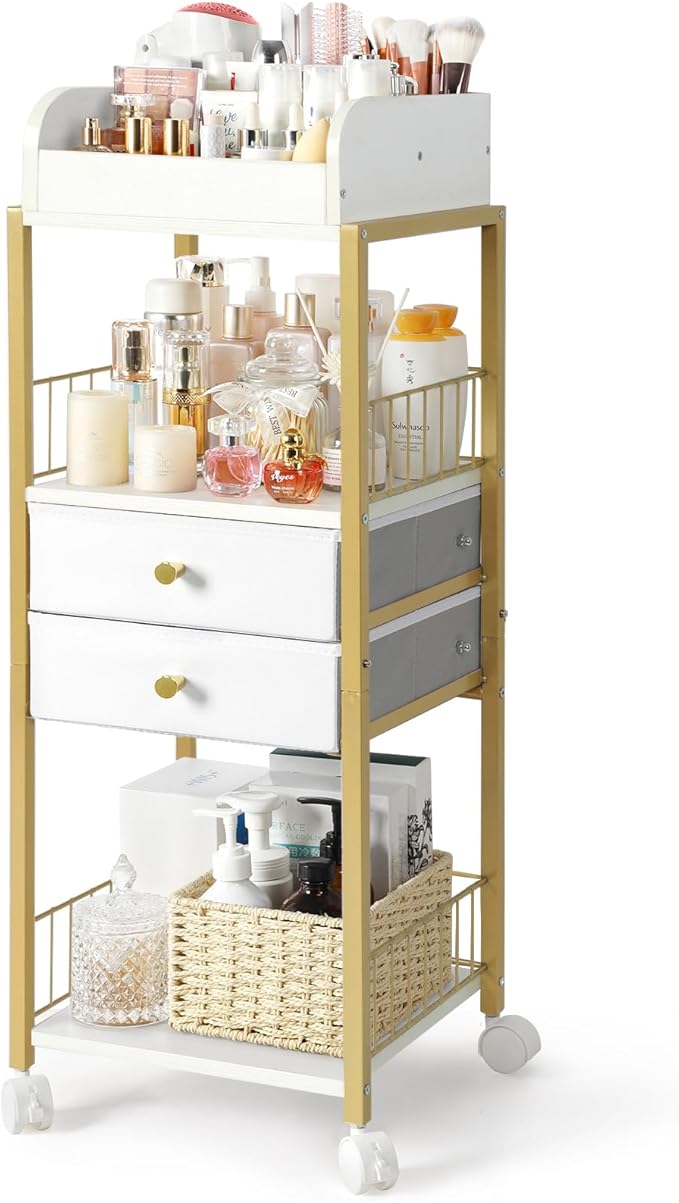 Makeup Organizer, Floor Skincare Organizers Make Up Organizers and Storage with Drawers, Vanity Organizer Cosmetics Display Cases Holder for Skin Care Nail Polish Perfume Gold