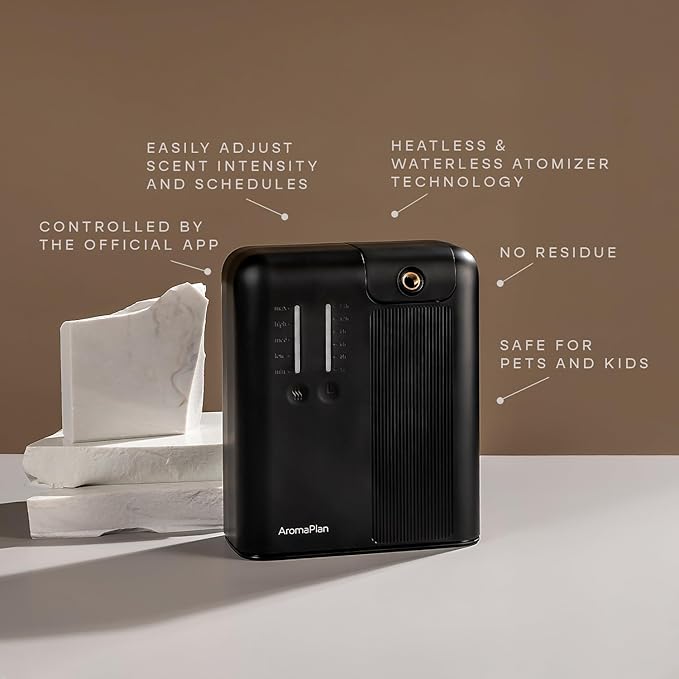 AromaPlan 2025 Waterless, Cold Air HVAC Scent Diffuser Whole House & Commercial Diffuser (Includes 2 Fragrances + 12 Set Sample kit) - Smart Scent Diffuser- Touch & App, 2000 Sq. Ft Cov. (Black)