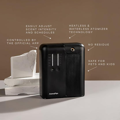 AromaPlan 2025 Waterless, Cold Air HVAC Scent Diffuser Whole House & Commercial Diffuser (Includes 2 Fragrances + 12 Set Sample kit) - Smart Scent Diffuser- Touch & App, 2000 Sq. Ft Cov. (Black)