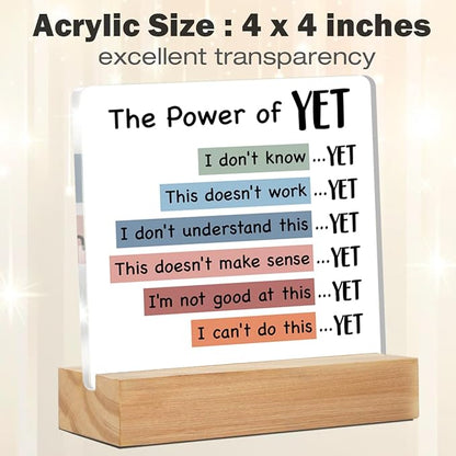 Mental Health Desk Decor, Motivational Growth Mindset Desk Signs the Power of Yet Acrylic Plaque Sign Therapy Office Classroom Decoration 4 x 4 Inches