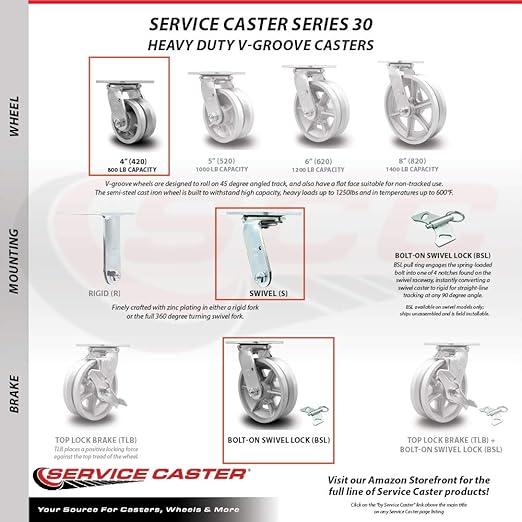 V Groove Semi Steel Cast Iron Swivel Top Plate Heavy Duty Caster with 4 Inch Wheel and Bolt on Swivel Lock – 800 lbs. Capacity/Caster - Service Caster Brand
