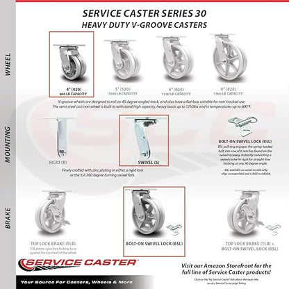 V Groove Semi Steel Cast Iron Swivel Top Plate Heavy Duty Caster with 4 Inch Wheel and Bolt on Swivel Lock – 800 lbs. Capacity/Caster - Service Caster Brand
