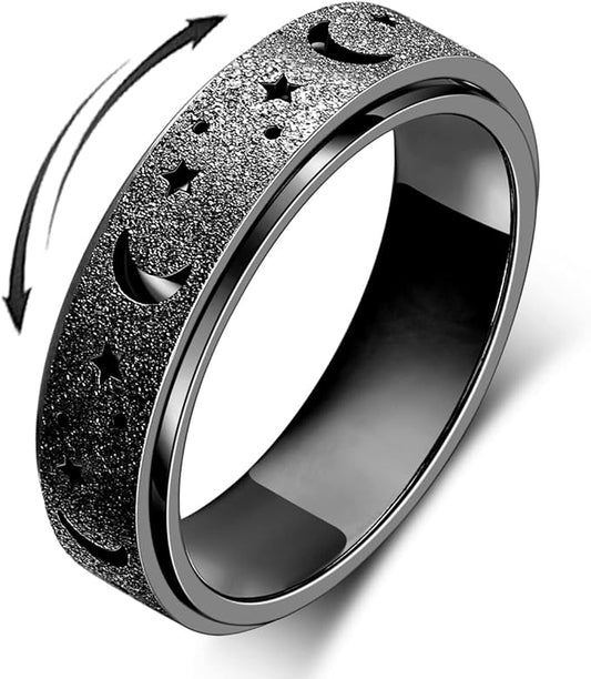 Anxiety Ring for Women Spinner Ring Fidget Toys Adults Fidget Ring Spinner Rings Stainless Steel Fidget Rings Fidgit Ring Men Moon Star Black Size 6