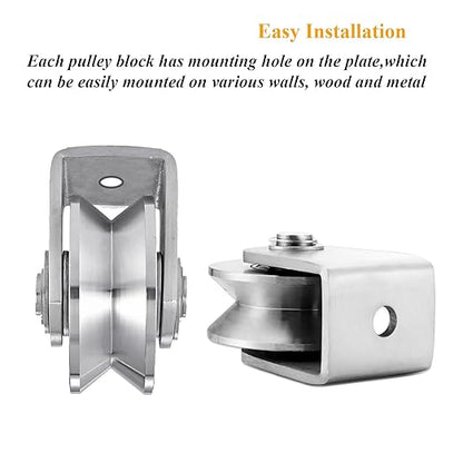 2pcs V Groove Wheel Stainless Steel Heavy Duty Wire Rope Pulley Block Sliding Gate Rollers Double Bearing Plate Caster Solid Track Rollers Wheels Fence Gate Wheel