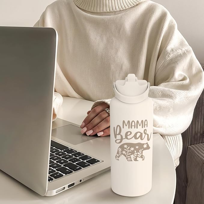SANDJEST Mom Water Bottle, Mama Bear Bottles 32oz Stainless Steel Insulated with Lid, Mom Gifts from Daughter Son, Gifts for Mother's Day Christmas Birthday