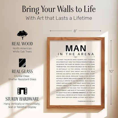 Man in the Arena Quote Poster FRAMED - 8x10 Motivational Inspirational Teddy Roosevelt Daring Greatly Wall Art Decor - Unique Gift for Men, Boys, Teens, Entrepreneur - For Office, Living Room, Bedroom