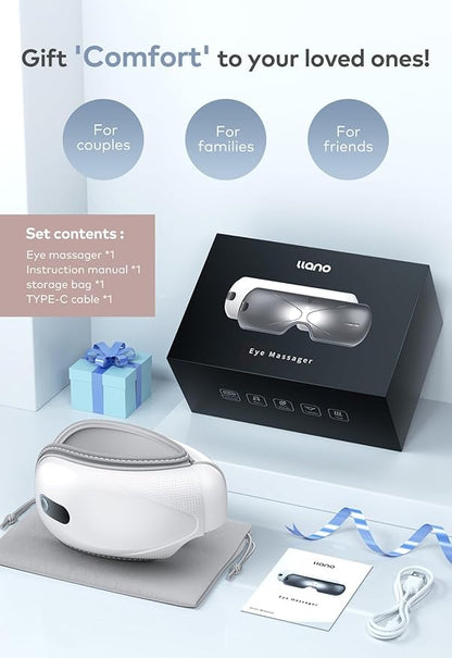 Llano Eye Massager with Heat, Portable Eye Massage with Bluetooth Music, Smart Eye Mask Massager Sleep Mask Foldable Face Massager for Relax Dark Circles Dry Eyes (White)