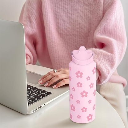 Floral Water Bottle Stainless Steel 32oz with Lid & Straw, Daisy Insulated Bottles Gifts for Women Girls Friends Teens Birthday Christmas