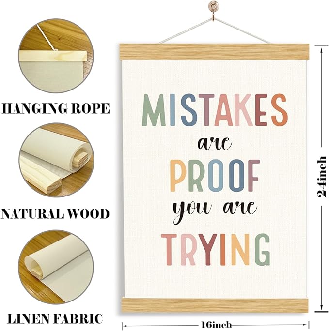 Mistakes Are Proof You Are Trying Sign, Therapy Office Decor, Wood Poster Hanger, Classroom Decor, Mental Health Posters, Therapy Wall Art, Psychotherapy Poster Decoration