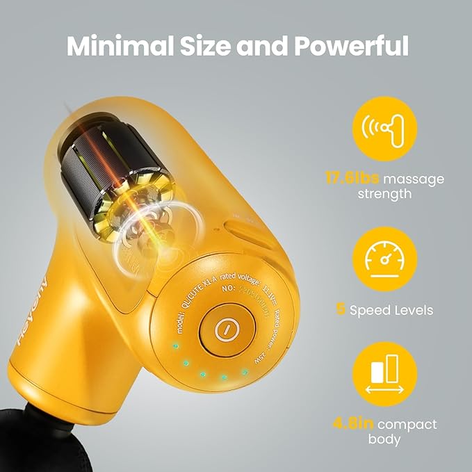 Super Mini Massage Gun Deep Tissue, Percussion Handheld Muscle Massager with 4 Heads, Travel Size Massage Gun for Back, Neck Pain Relief, Quiet for Home, Gym, Office, Gift for Men & Women, Yellow