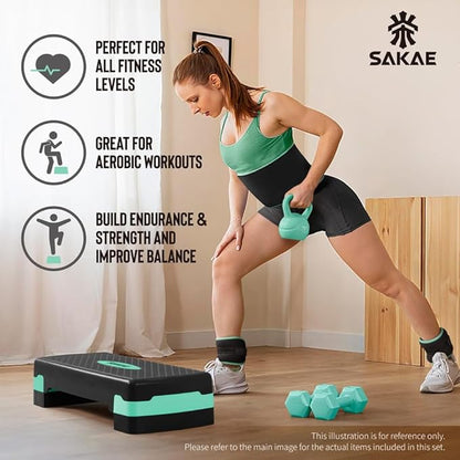 SAKAE Aerobic Step Platform Set with Waist Trimmer & Measuring Tape, Exercise Steppers for Home Exercise Fitness, Adjustable Height 2 Level Risers Workout Step Platform Trainer, Multiple Colors