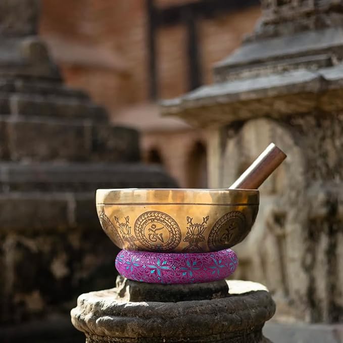 Singing Bowl Cushion for Tibetan Singing Bowls, Handmade Silk Brocade Round Cushion Pillow for Sound Healing and Crystal Sound Bowls Accessories(DeepMagenta,6.7 Inch)