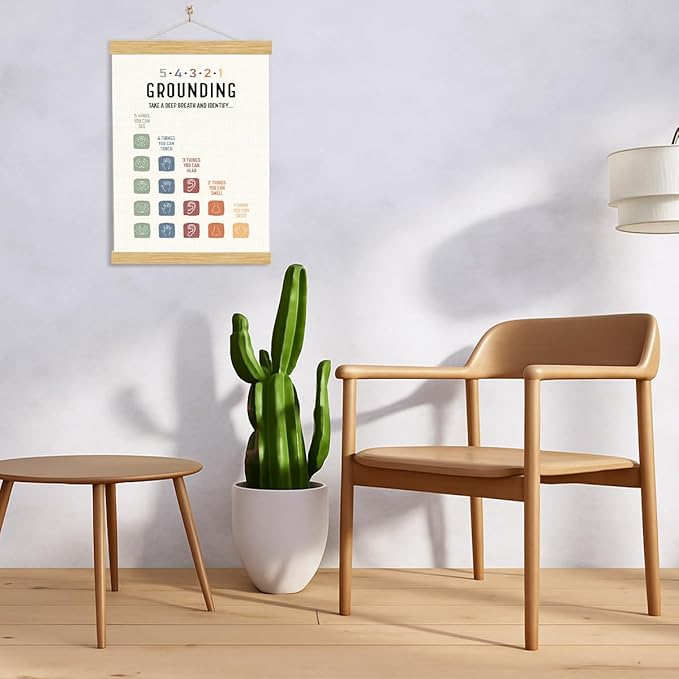 YGSDZY Grounding Technique Exercise Poster 54321, Wood Poster Hanger, Therapy Office Decor, School Psychology, Classroom Decor, Mental Health Posters, Therapy Wall Art Decoration