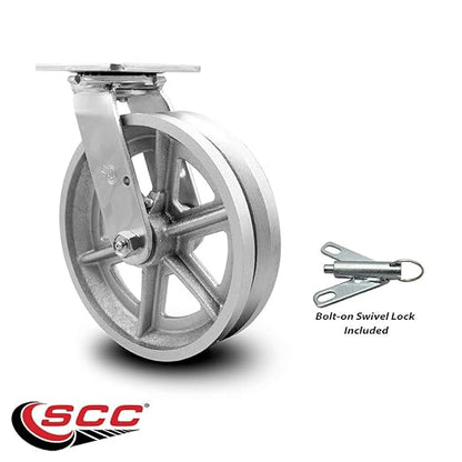 V Groove Semi Steel Cast Iron Swivel Top Plate Heavy Duty Caster with 8 Inch Wheel and Bolt on Swivel Lock – 1,250 lbs. Capacity/Caster - Service Caster Brand