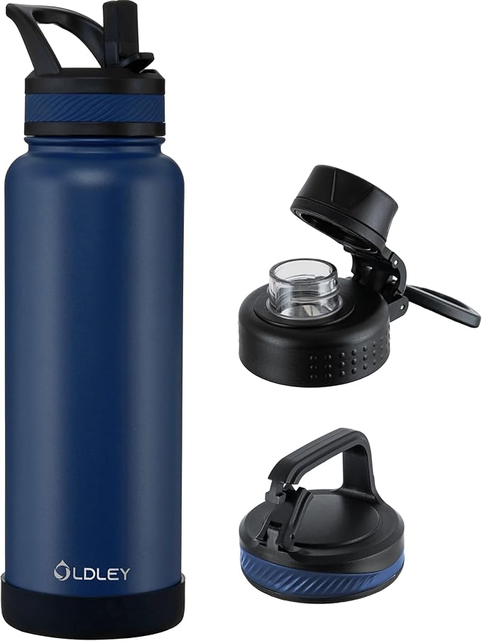 OLDLEY 40 oz Insulated Water Bottle With Straw, Stainless Steel Sports Water Cup Flask with 3 Lids(Straw, Spout and Handle Lid) Double Walled Travel Thermal Canteen Mug,Navy Blue