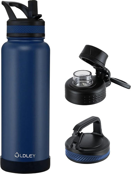 OLDLEY 40 oz Insulated Water Bottle With Straw, Stainless Steel Sports Water Cup Flask with 3 Lids(Straw, Spout and Handle Lid) Double Walled Travel Thermal Canteen Mug,Navy Blue