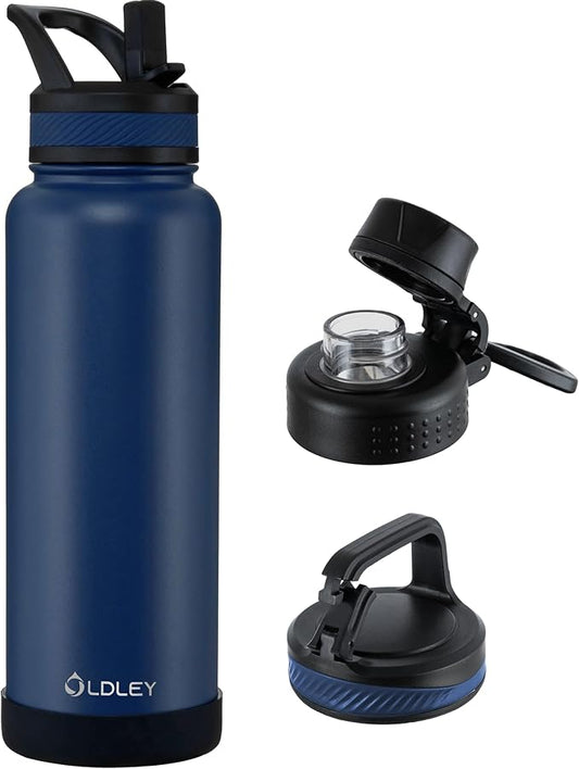 OLDLEY 40 oz Insulated Water Bottle With Straw, Stainless Steel Sports Water Cup Flask with 3 Lids(Straw, Spout and Handle Lid) Double Walled Travel Thermal Canteen Mug,Navy Blue