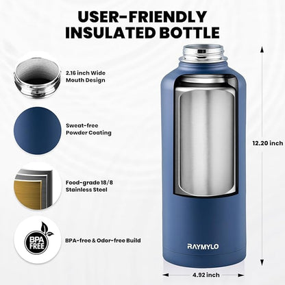Insulated Water Bottle 87 oz, Triple Wall Vacuum Stainless Steel (Cold for 48 Hrs), Leak Proof & Non-BPA, Modern Water Flask Jug with Paracord Handle & Straw Spout Lids, Navy Blue