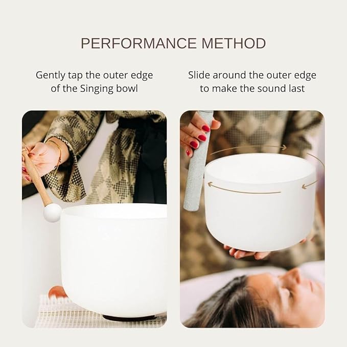 White F Note Heart Chakra 10 inch Quartz Crystal Singing Bowl, for Healing Mindfulness Meditation Yoga Sound Baths, with Case Rubber Mallet