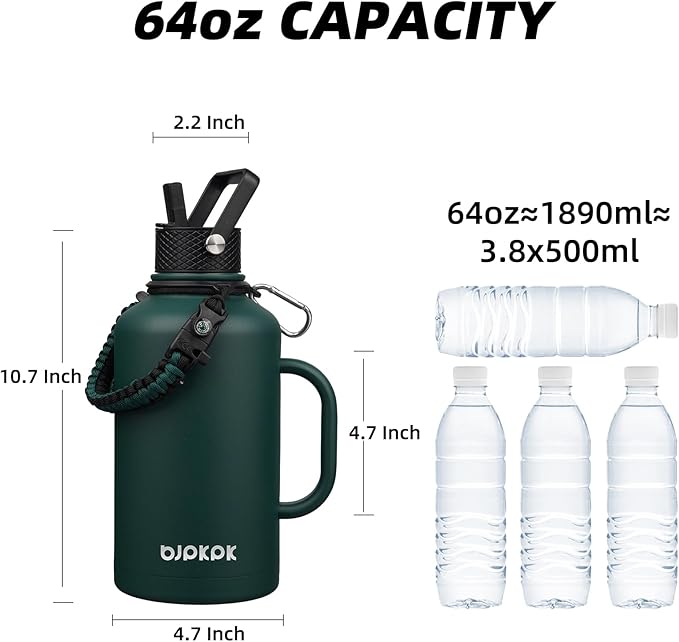BJPKPK Half Gallon Insulated Water Bottles with Straw Lid & Side Handle, 50oz, 64oz, 87oz, 128oz Large, Stainless Steel Water Bottles with 3 Lids and Paracord Strap, Metal Water Jug,Army Green