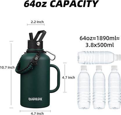 BJPKPK Half Gallon Insulated Water Bottles with Straw Lid & Side Handle, 50oz, 64oz, 87oz, 128oz Large, Stainless Steel Water Bottles with 3 Lids and Paracord Strap, Metal Water Jug,Army Green