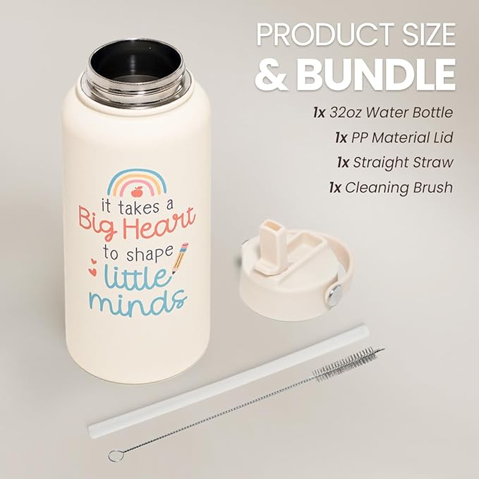 SANDJEST Teacher Appreciation Gifts - It Takes a Big Heart to Shape Little Minds Water Bottle 32oz Stainless Steel Insulated with Lid, Teacher Gifts from Students for Teacher's Day Back to School
