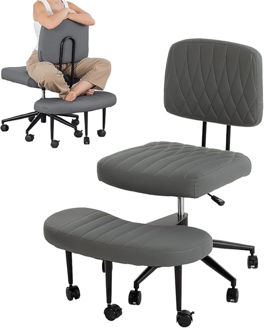 Ergonomic Cross Legged Office Chair with Brake Wheels, Wide Seat and Backrest for Meditation, ADHD Cross Legged Office Chair with Adjustable Height, 360°Rotating Footrest for Yoga Home Office