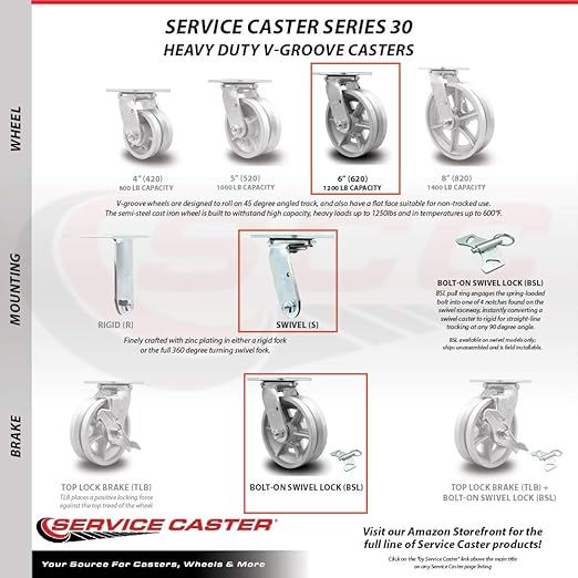 V Groove Semi Steel Cast Iron Swivel Top Plate Heavy Duty Caster with 6 Inch Wheel and Bolt on Swivel Lock – 1,200 lbs. Capacity/Caster - Service Caster Brand