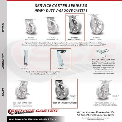 V Groove Semi Steel Cast Iron Swivel Top Plate Heavy Duty Caster with 6 Inch Wheel and Bolt on Swivel Lock – 1,200 lbs. Capacity/Caster - Service Caster Brand