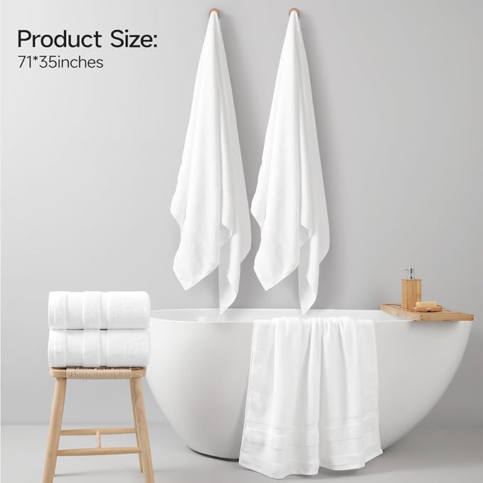 REDKISS 100% Cotton Bath Towels Set of 2, Extra Large Bath Sheets 35 X 70 Inches, 800 GSM, Quick Dry, Ultra Soft & Super Absorbent Bathroom Towel Sets for Bathroom, Gym, Spa, Pool & Hotel, White